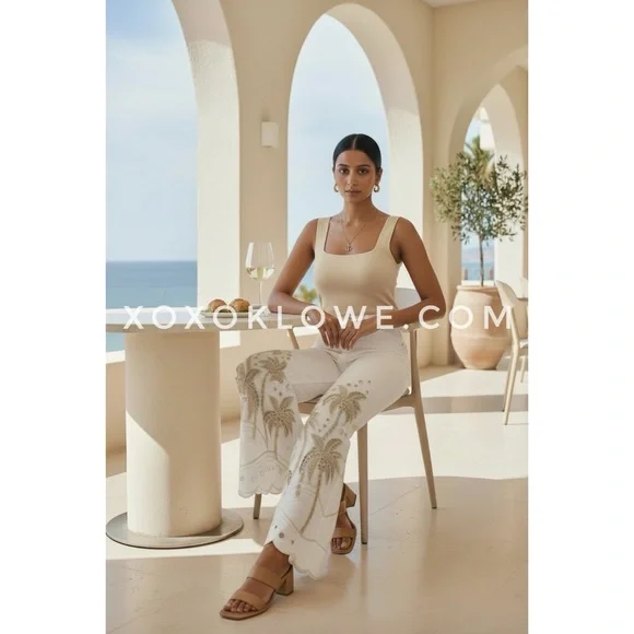 Oli & Hali Cream Palm Tree Eyelet Embroidered Wide Leg Jeans | Washed Denim - Picture 6 of 10